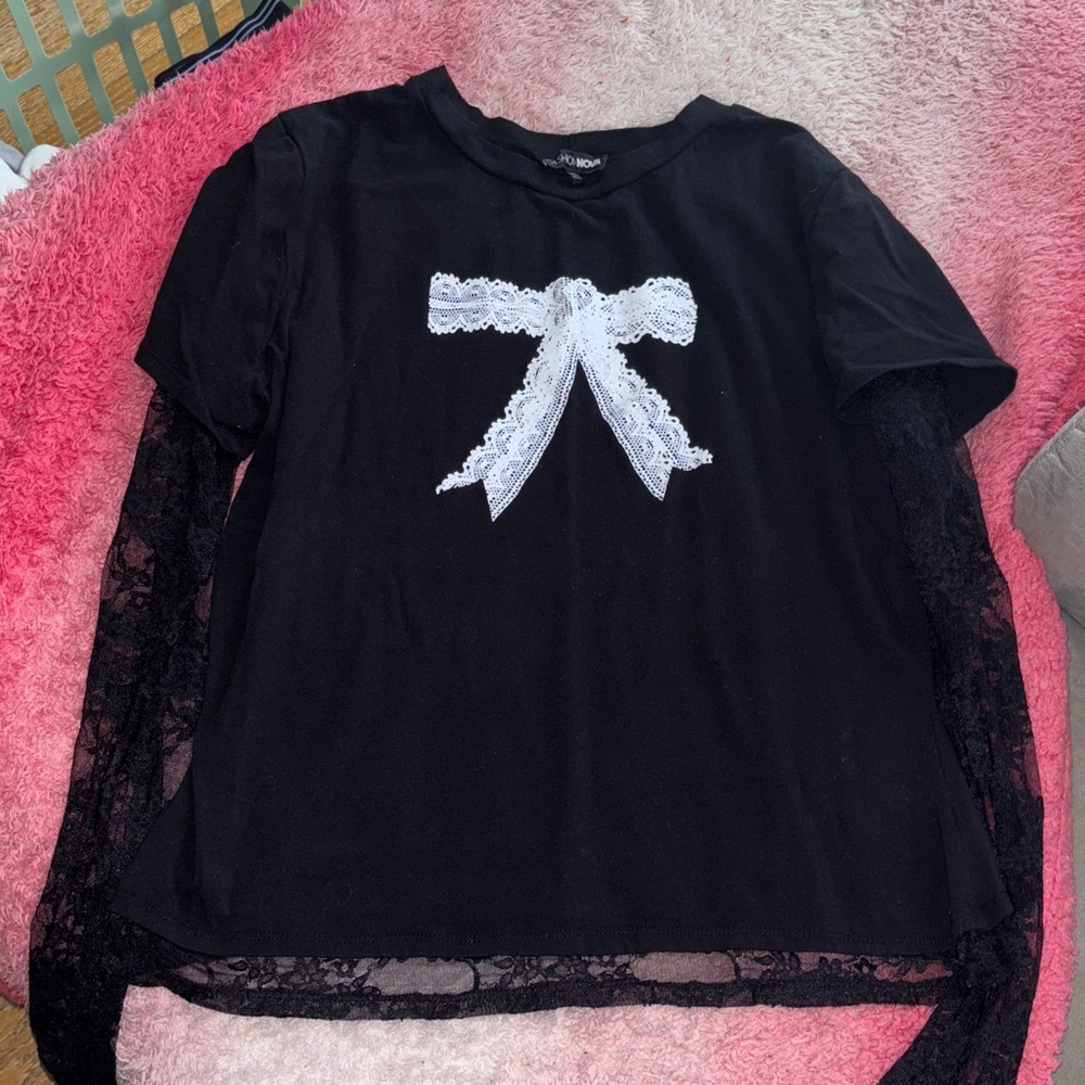 Black Lace Sleeve Womens  Top with White Bow